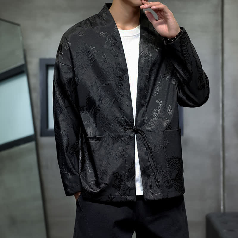 Buddha Stones Kimono homme vintage style Tang, cordon de serrage, jacquard dragon, avec poche - image 1