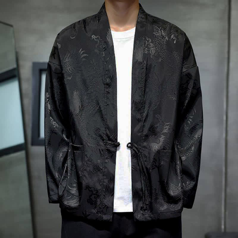 Buddha Stones Kimono homme vintage style Tang, cordon de serrage, jacquard dragon, avec poche - Noir - US/UK/AU46, EU56 (5XL) - image 0