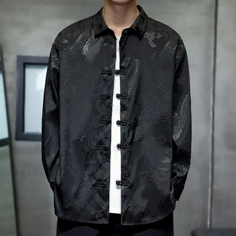 Buddha Stones Chemises à manches longues pour hommes, style Tang vintage, à boutons grenouille et motif dragon jacquard - image 1