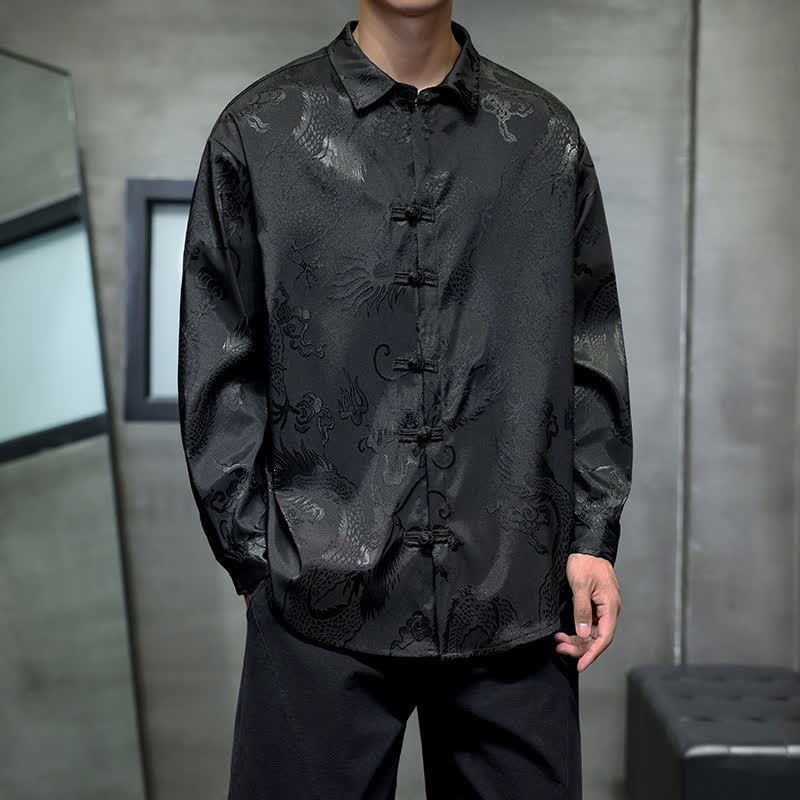 Buddha Stones Chemises à manches longues pour hommes, style Tang vintage, à boutons grenouille et motif dragon jacquard - Noir - US/UK/AU46, EU56 (5XL) - image 0