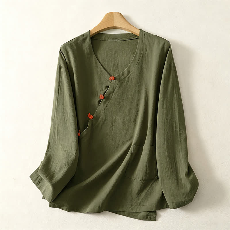 Buddha Stones Chemises à manches longues pour femmes, style Tang minimaliste, couleur unie, avec poche plaquée, collection printemps-automne. - Vert olive foncé - US8-10, UK/AU12-14, EU40-42 (2XL) - image 0