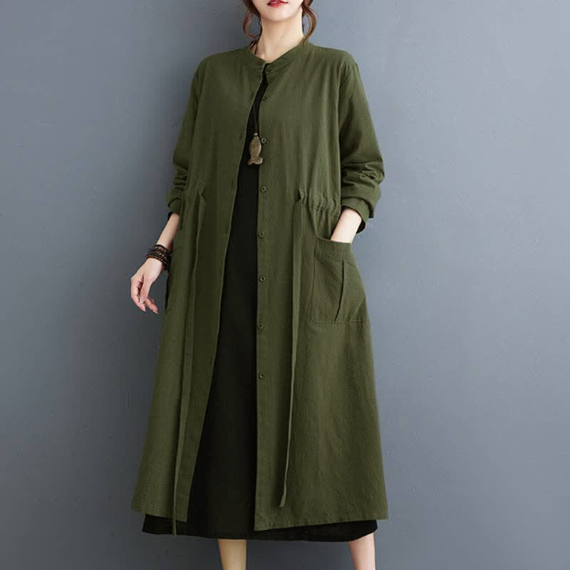 Buddha Stones Robe d'automne décontractée vintage à col mandarin, boutonnée, lacée, manches longues et poches pour femme - image 1
