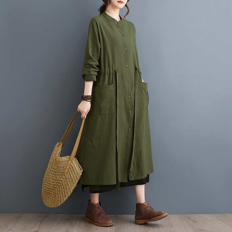 Buddha Stones Robe d'automne décontractée vintage à col mandarin, boutonnée, lacée, manches longues et poches pour femme - Vert olive foncé - US4-8/10, UK/AU8-12/14, EU36-40/42 (F) - image 0