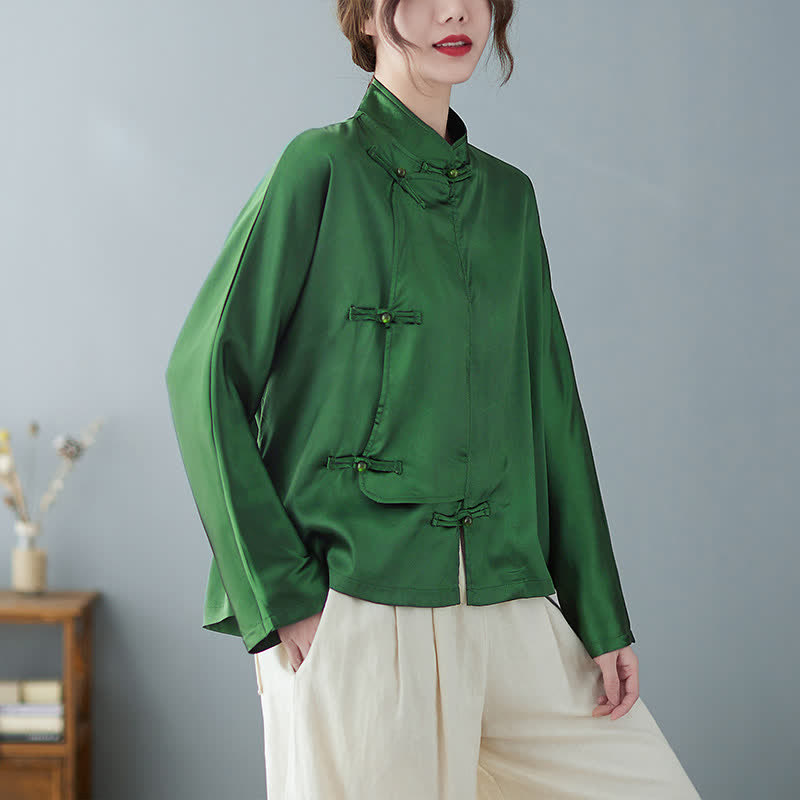 Buddha Stones Chemises à manches longues pour femmes, style Tang élégant printanier, bouton grenouille, vert uni - Vert forêt - US12, UK/AU16, EU44 (2XL) - image 0