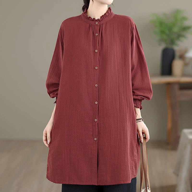 Buddha Stones Tunique boutonnée unie à manches longues avec poche, style vintage décontracté printemps-automne - FireBrick - US16, UK/AU20, EU48 (3XL) - image 0