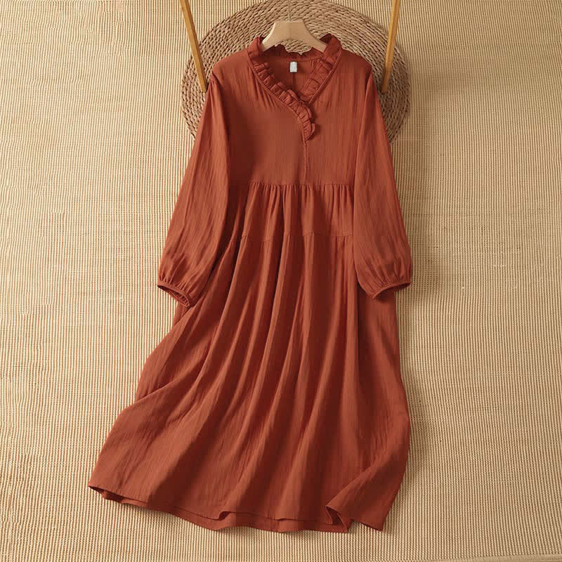 Buddha Stones Robe longue bohème vintage d'automne, unie, col en V, manches longues et poches - Corail - US14, UK/AU18, EU46 (2XL) - image 0