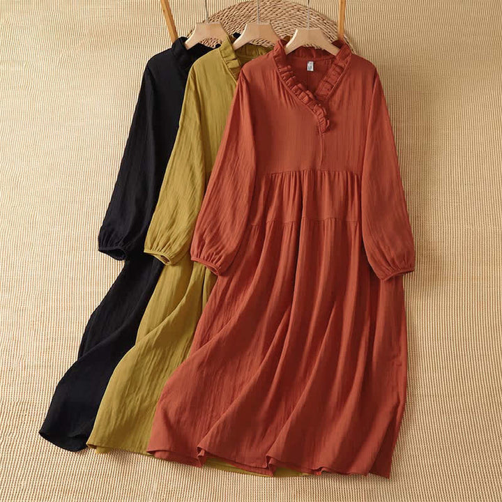 Buddha Stones Robe longue bohème vintage d'automne, unie, col en V, manches longues et poches - image 14