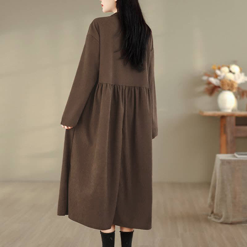 Buddha Stones Robe d'automne minimaliste décontractée à manches longues, col rond et poches, boutonnée - image 4