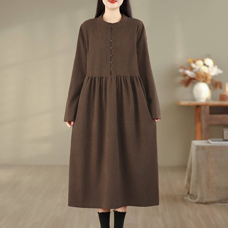 Buddha Stones Robe d'automne minimaliste décontractée à manches longues, col rond et poches, boutonnée - image 1
