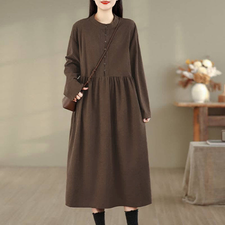 Buddha Stones Robe d'automne minimaliste décontractée à manches longues, col rond et poches, boutonnée - SaddleBrown - US8-10, UK/AU12-14, EU40-42 (XL) - image 0