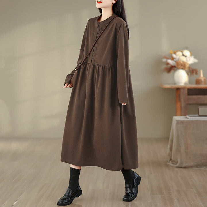 Buddha Stones Robe d'automne minimaliste décontractée à manches longues, col rond et poches, boutonnée - image 5