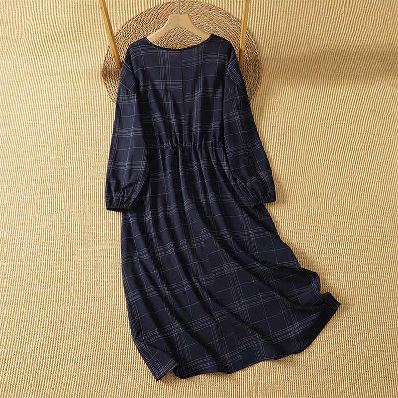 Buddha Stones Robe à carreaux bleu nuit vintage décontractée pour femme, manches longues, printemps/automne - image 1