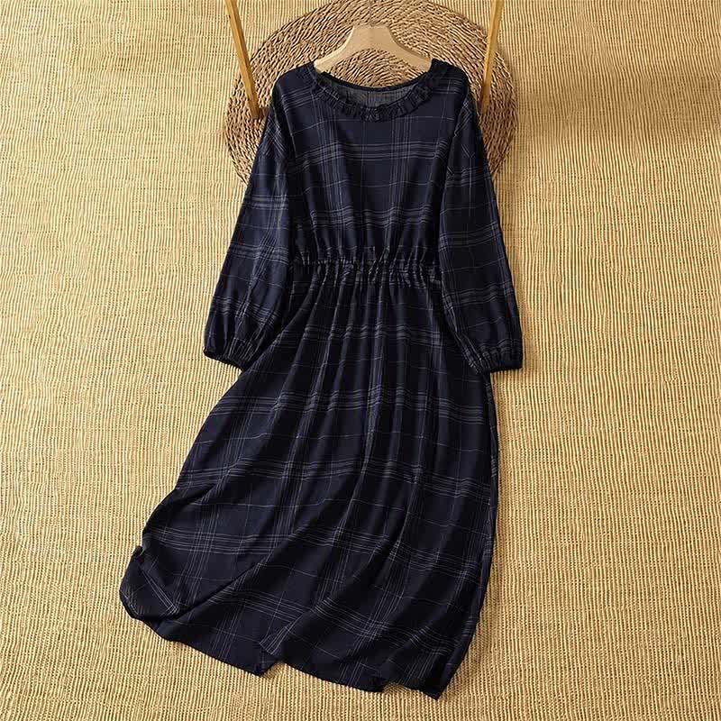 Buddha Stones Robe à carreaux bleu nuit vintage décontractée pour femme, manches longues, printemps/automne - Bleu nuit - US14, UK/AU18, EU46 (2XL) - image 0