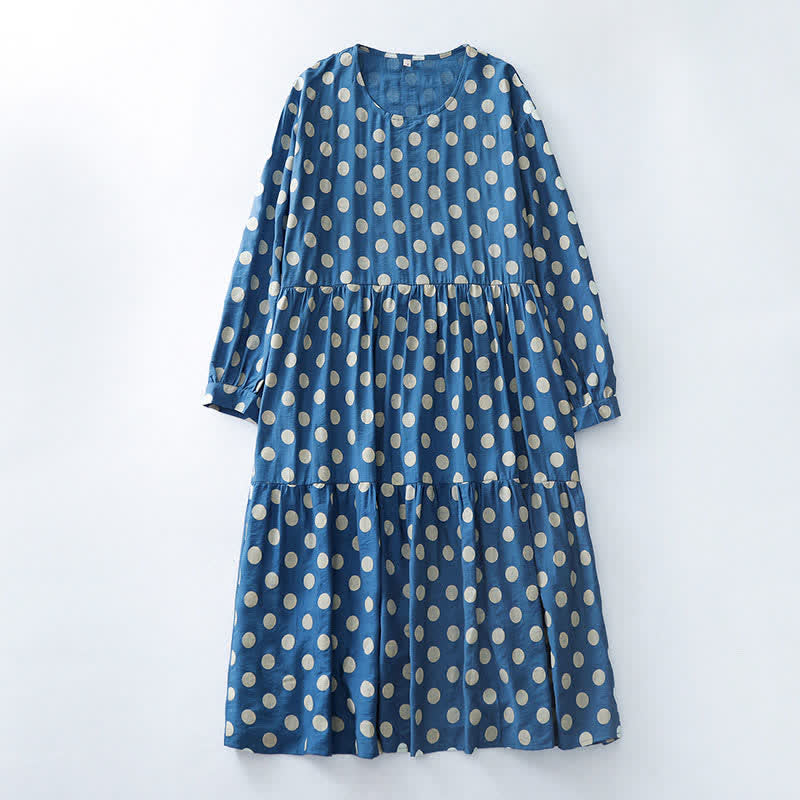 Buddha Stones Robe longue printanière décontractée vintage à pois bleus et blancs, manches longues et poches pour femme - SteelBlue - US12, UK/AU16, EU44 (2XL) - image 0