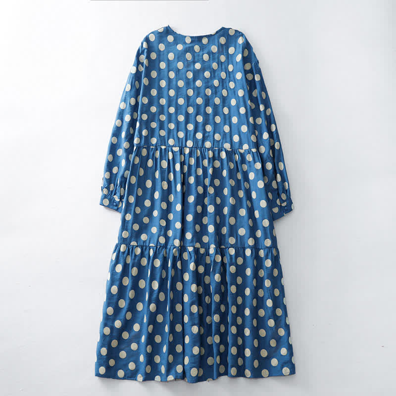 Buddha Stones Robe longue printanière décontractée vintage à pois bleus et blancs, manches longues et poches pour femme - image 1