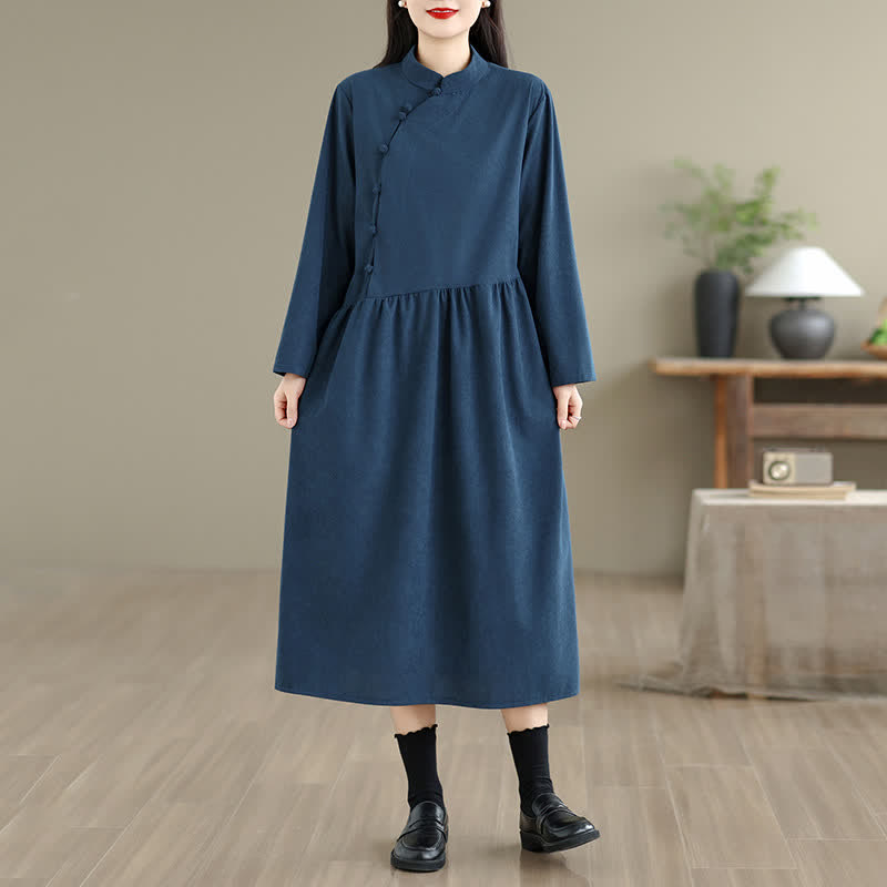 Buddha Stones Robe longue à manches longues pour femme, style Tang, style automne vintage, avec boutons grenouille et poches. - Marine - US8-10, UK/AU12-14, EU40-42 (2XL) - image 0