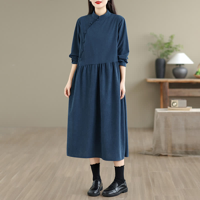 Buddha Stones Robe longue à manches longues pour femme, style Tang, style automne vintage, avec boutons grenouille et poches. - image 1