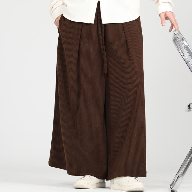 Buddha Stones Pantalon court en velours côtelé uni, coupe décontractée automne-hiver, style vintage, avec cordon de serrage et poches. - image 1