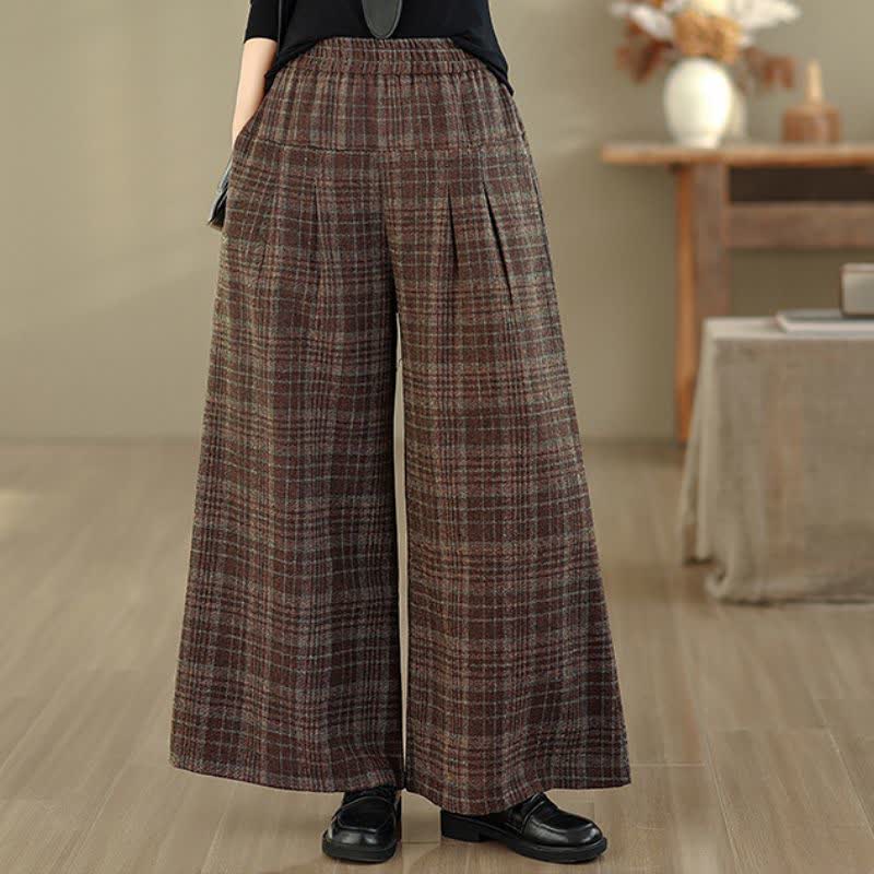 Buddha Stones Pantalon court à carreaux style vintage automne-hiver, taille élastique, jambes droites, avec poches - image 1