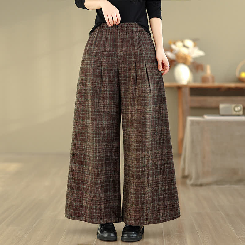 Buddha Stones Pantalon court à carreaux style vintage automne-hiver, taille élastique, jambes droites, avec poches - SaddleBrown - US8-10, UK/AU12-14, EU40-42 (2XL) - image 0