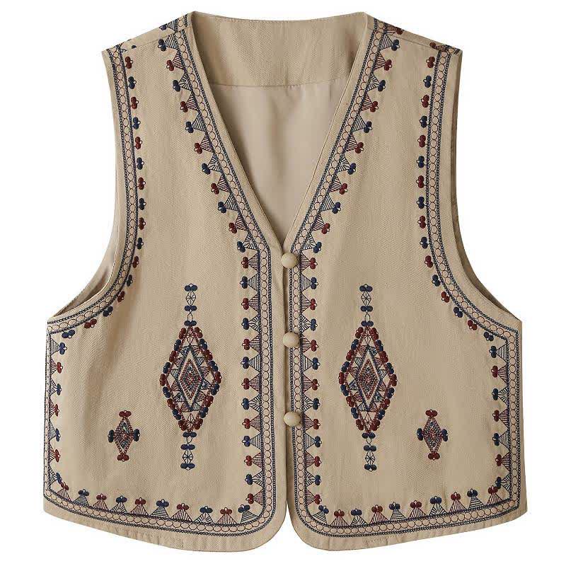 Buddha Stones Débardeur d'été bohème vintage à broderie géométrique sans manches pour femmes - Tanné - US8-10, UK/AU12-14, EU40-42 (2XL) - image 0