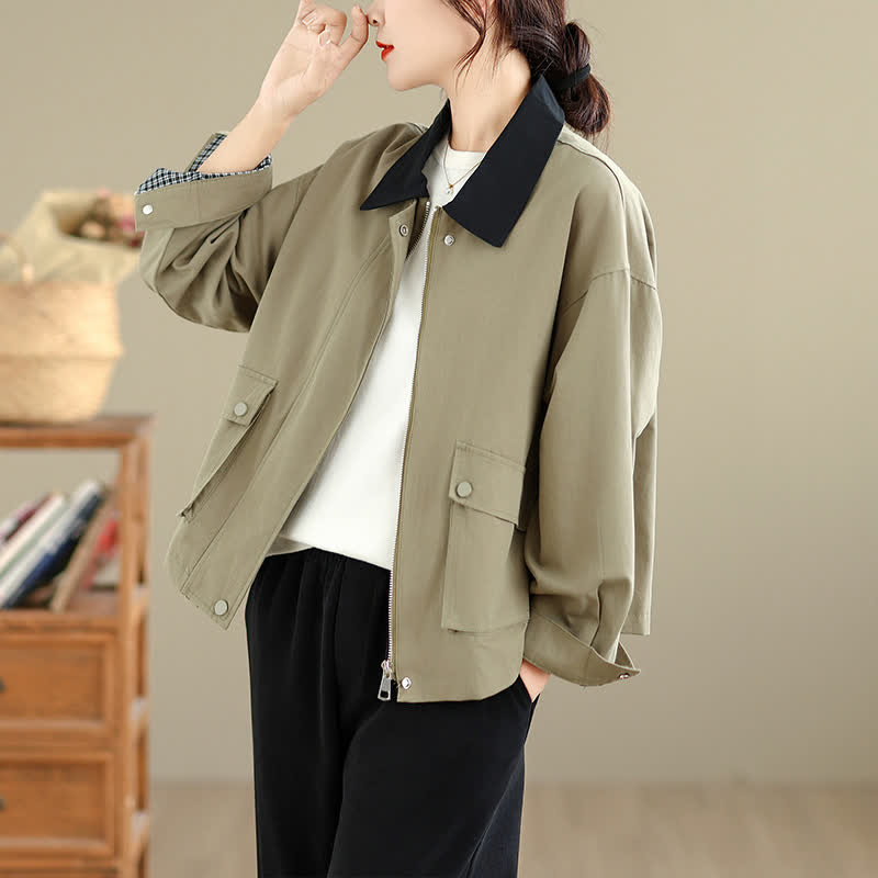 Buddha Stones Veste femme unie rétro minimaliste printemps automne avec poche - Kaki foncé - US6, UK/AU10, EU38 (XL) - image 1