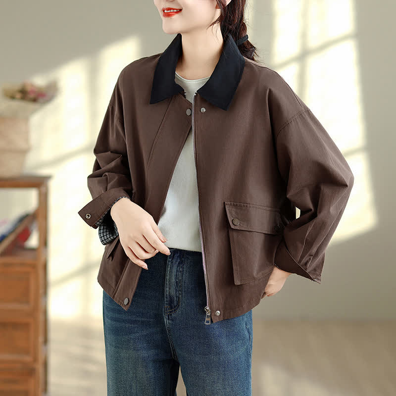Buddha Stones Veste femme unie rétro minimaliste printemps automne avec poche - SaddleBrown - US6, UK/AU10, EU38 (XL) - image 0