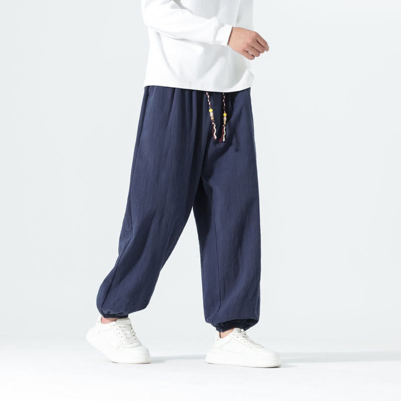 Buddha Stones Pantalon homme décontracté printemps-été minimaliste à cordon de serrage en coton uni, coupe fuselée, avec poches - image 1