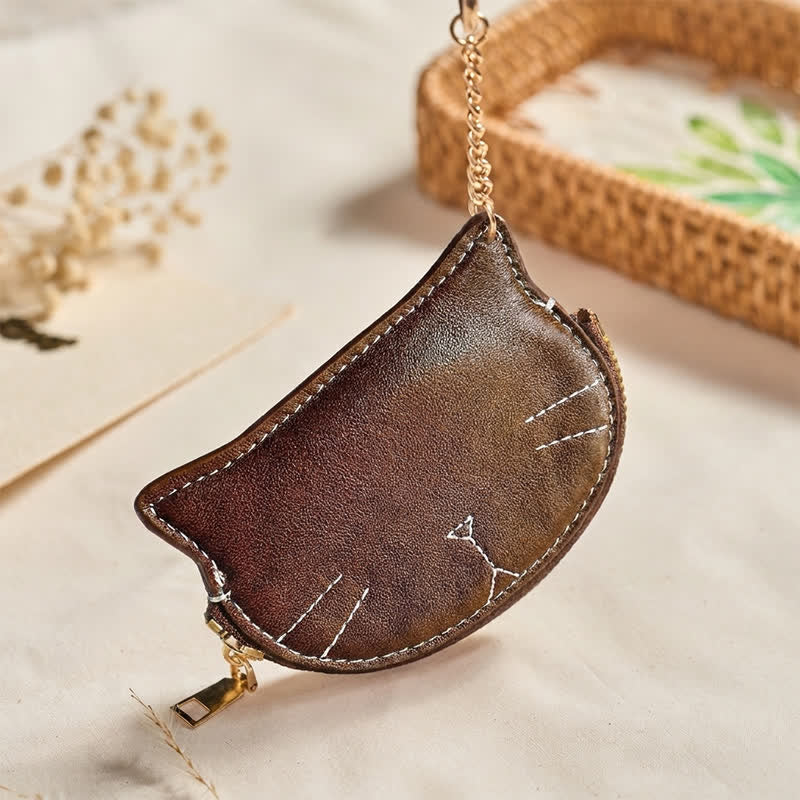 Buddha Stones Sac à main vintage en cuir avec fermeture éclair en forme de chat et breloque. - image 1