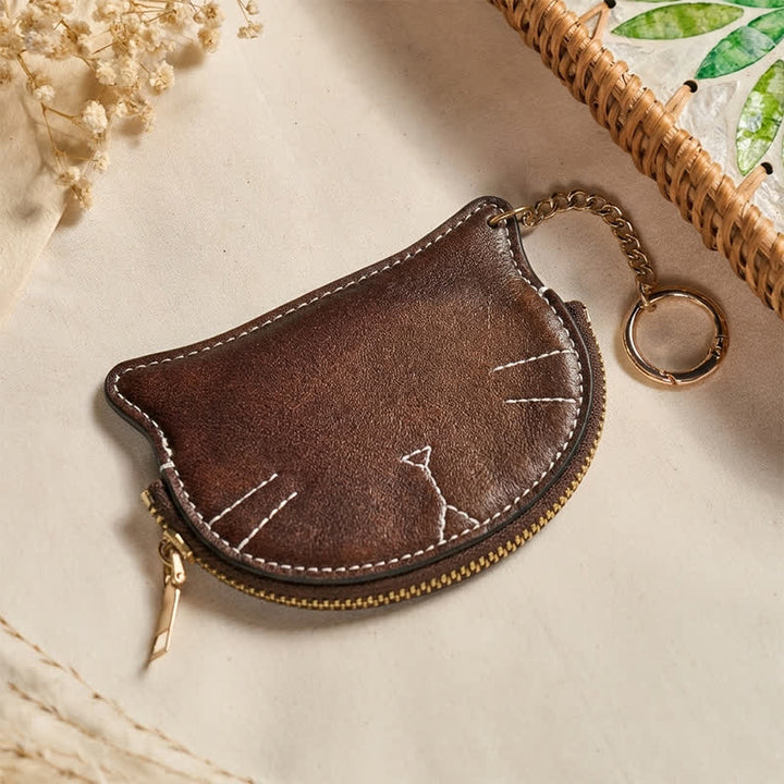 Buddha Stones Sac à main vintage en cuir avec fermeture éclair en forme de chat et breloque. - image 3