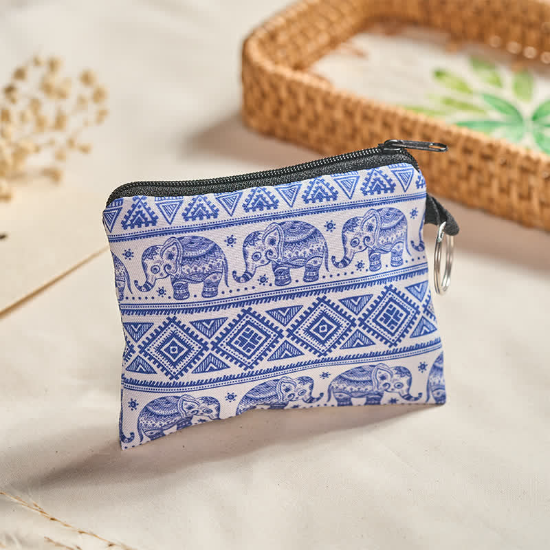 Buddha Stones Sac à main bohème bleu et blanc à fermeture éclair avec éléphant porte-bonheur - Motif éléphant (environ 11,3 cm × 9,3 cm) - image 0