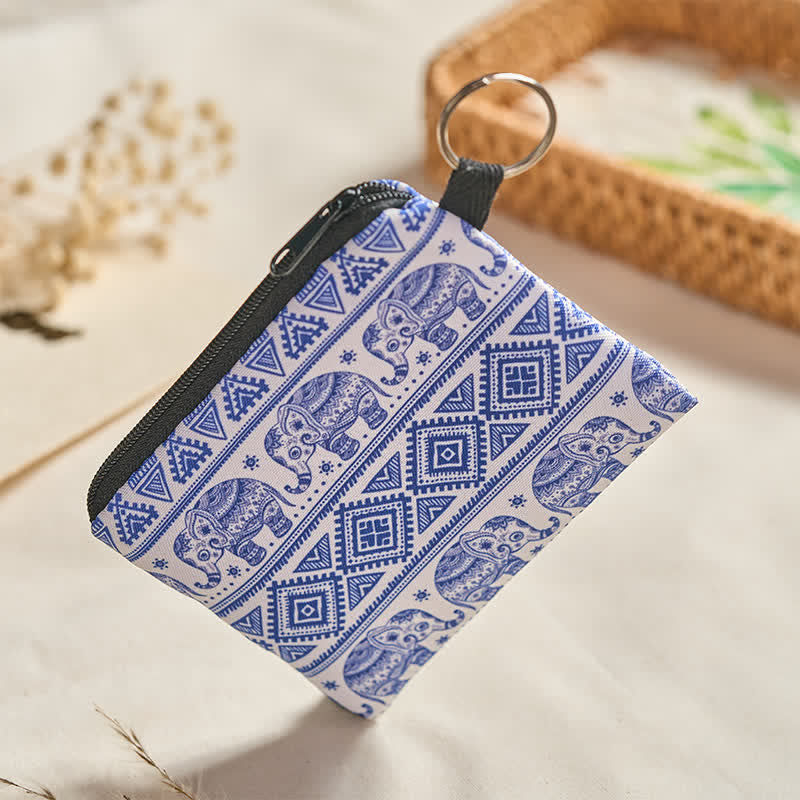 Buddha Stones Sac à main bohème bleu et blanc à fermeture éclair avec éléphant porte-bonheur - image 3