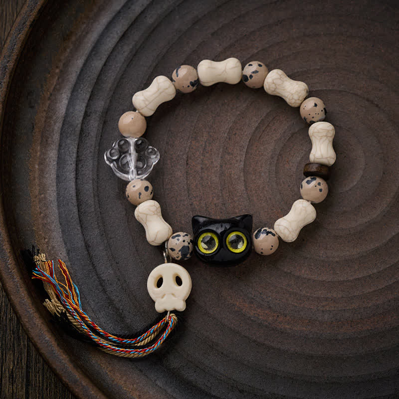 Buddha Stones Bracelet de courage avec motif crâne de chat et os - image 1
