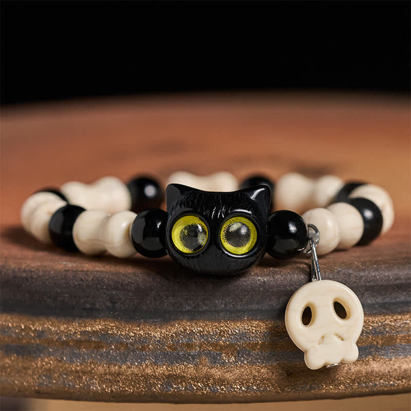 Buddha Stones Bracelet de force à perles avec crâne et chat noir - Chat aux yeux jaunes - image 8