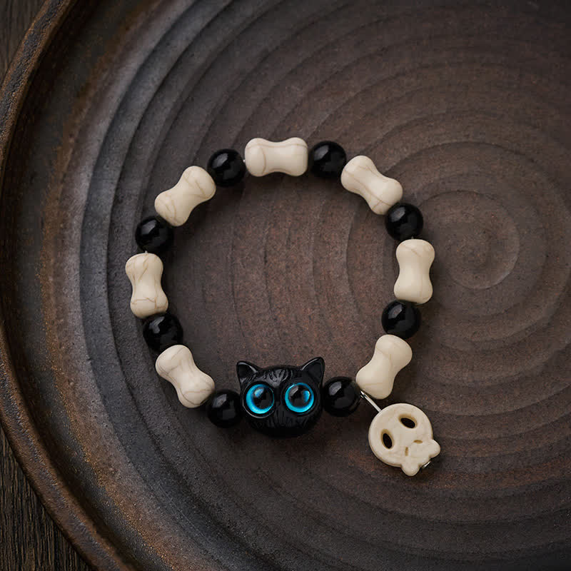 Buddha Stones Bracelet de force à perles avec crâne et chat noir - image 2