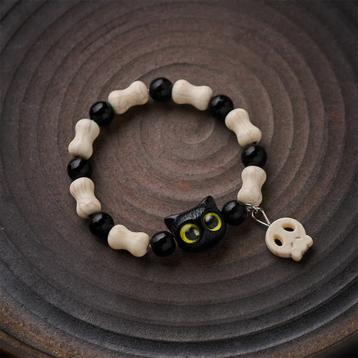 Buddha Stones Bracelet de force à perles avec crâne et chat noir - image 10