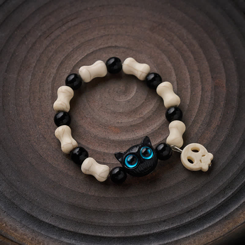 Buddha Stones Bracelet de force à perles avec crâne et chat noir - image 1