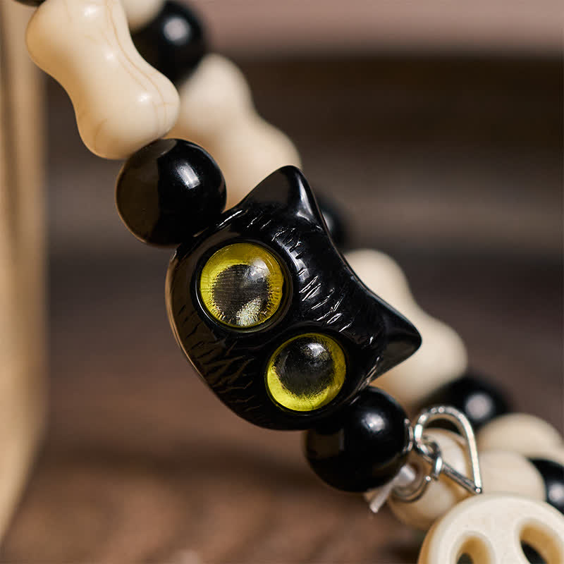 Buddha Stones Bracelet de force à perles avec crâne et chat noir - image 12
