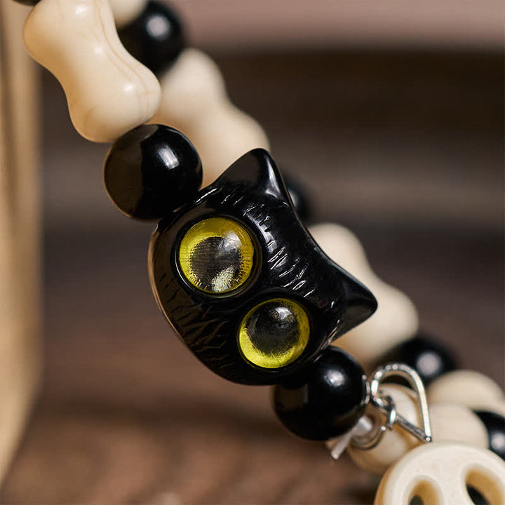 Buddha Stones Bracelet de force à perles avec crâne et chat noir - image 12