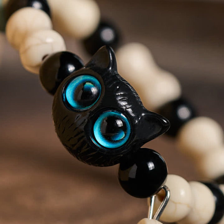 Buddha Stones Bracelet de force à perles avec crâne et chat noir - image 3