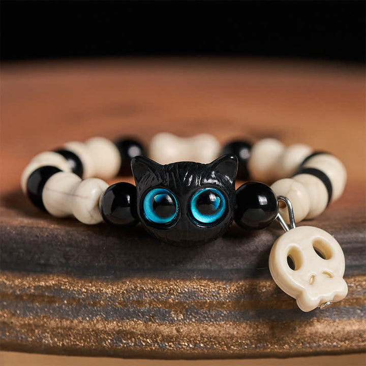Buddha Stones Bracelet de force à perles avec crâne et chat noir - Chat aux yeux bleus - image 0