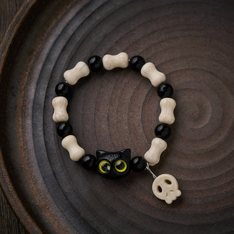 Buddha Stones Bracelet de force à perles avec crâne et chat noir - image 11
