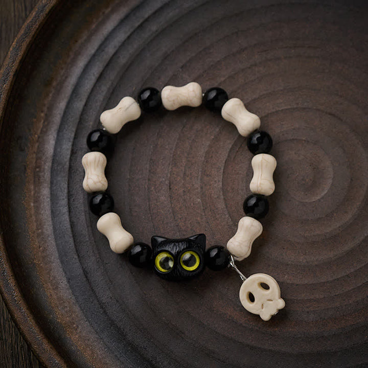 Buddha Stones Bracelet de force à perles avec crâne et chat noir - image 11