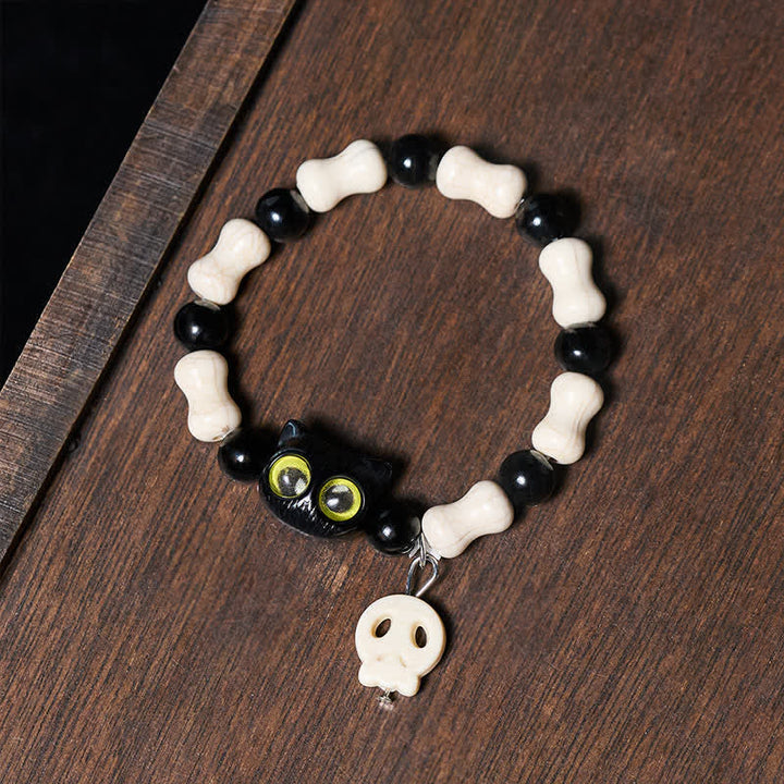 Buddha Stones Bracelet de force à perles avec crâne et chat noir - image 9