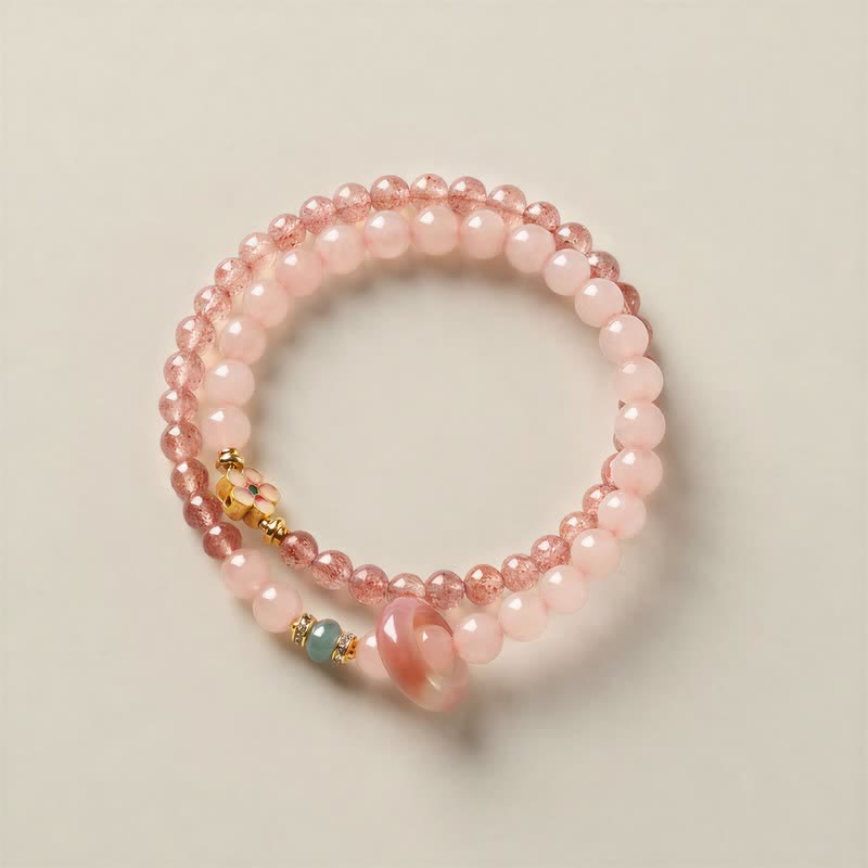 Buddha Stones Bracelet double tour en quartz fraise naturel, quartz rose et fleur de pêcher. - image 1