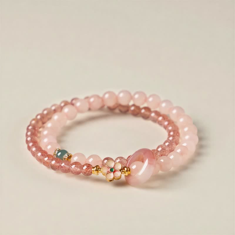 Buddha Stones Bracelet double tour en quartz fraise naturel, quartz rose et fleur de pêcher. - Fleur de pêcher (Tour de poignet : 15–16 cm) - image 0