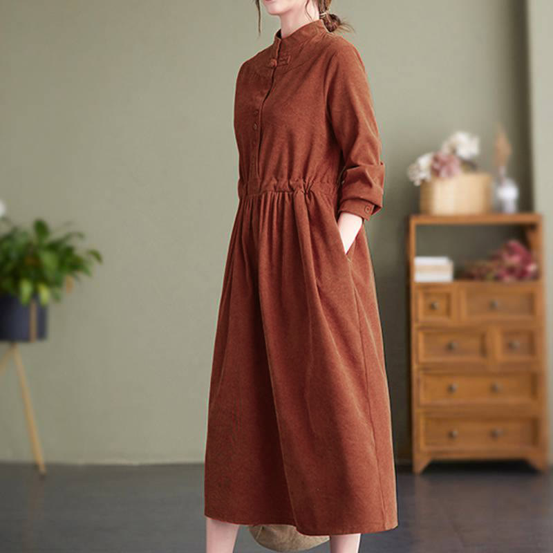 Buddha Stones Robe d'automne-hiver style Tang vintage à col mandarin en velours côtelé uni, manches longues et poches - image 12
