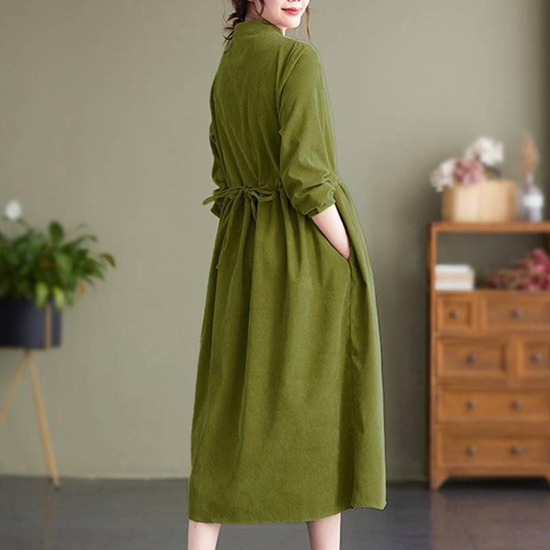 Buddha Stones Robe d'automne-hiver style Tang vintage à col mandarin en velours côtelé uni, manches longues et poches - image 9