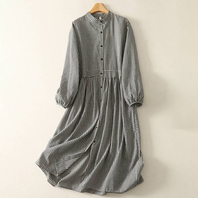 Buddha Stones Robe à carreaux décontractée printemps-automne, col mandarin, manches longues et poches pour femme - Noir - US8-10, UK/AU12-14, EU40-42 (2XL) - image 0
