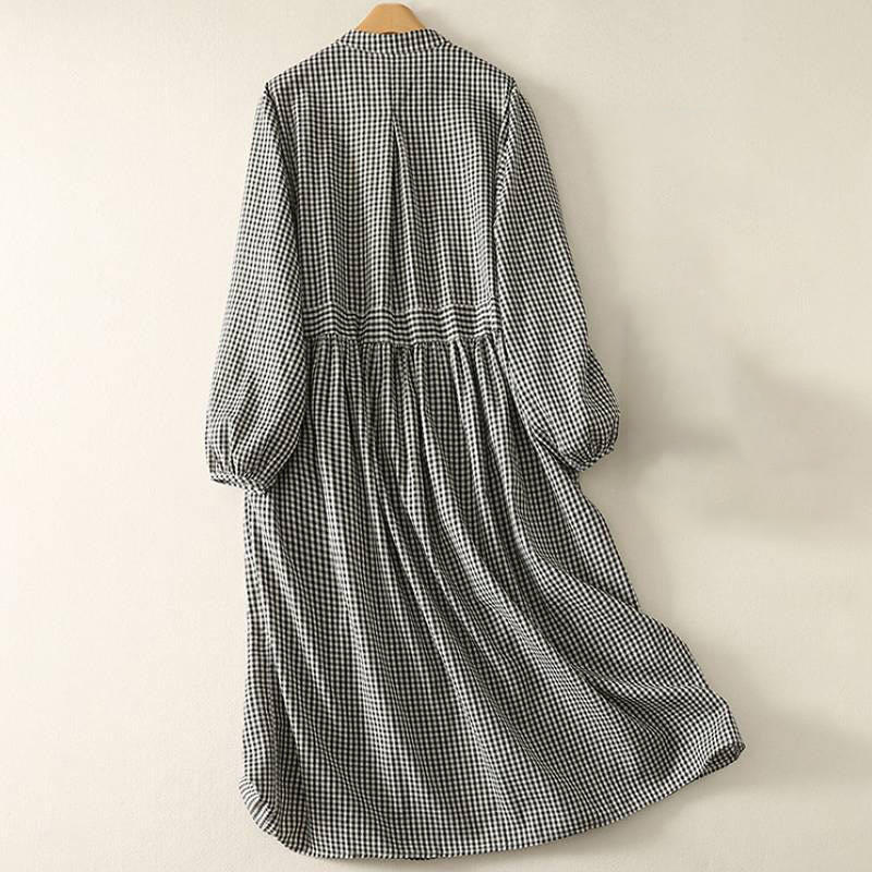 Buddha Stones Robe à carreaux décontractée printemps-automne, col mandarin, manches longues et poches pour femme - image 1